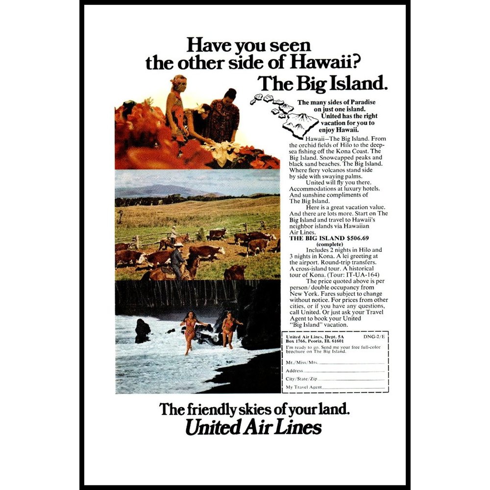 1974 United Airlines Hawaii The Big Island Vacation Travel Vintage Print Ad Art